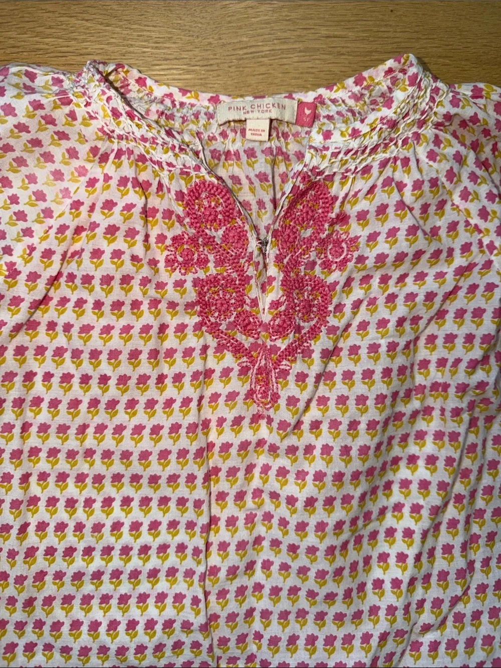 Pink Chicken Pink/Yellow Floral Block Print Cotton Embroidered Tunic Dress Sz 5y